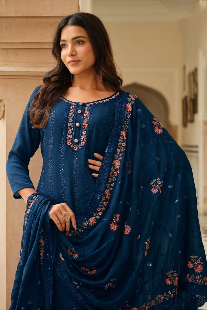 Chinon Fabric Captivating Blue Color Salwar Suit In Function Wear