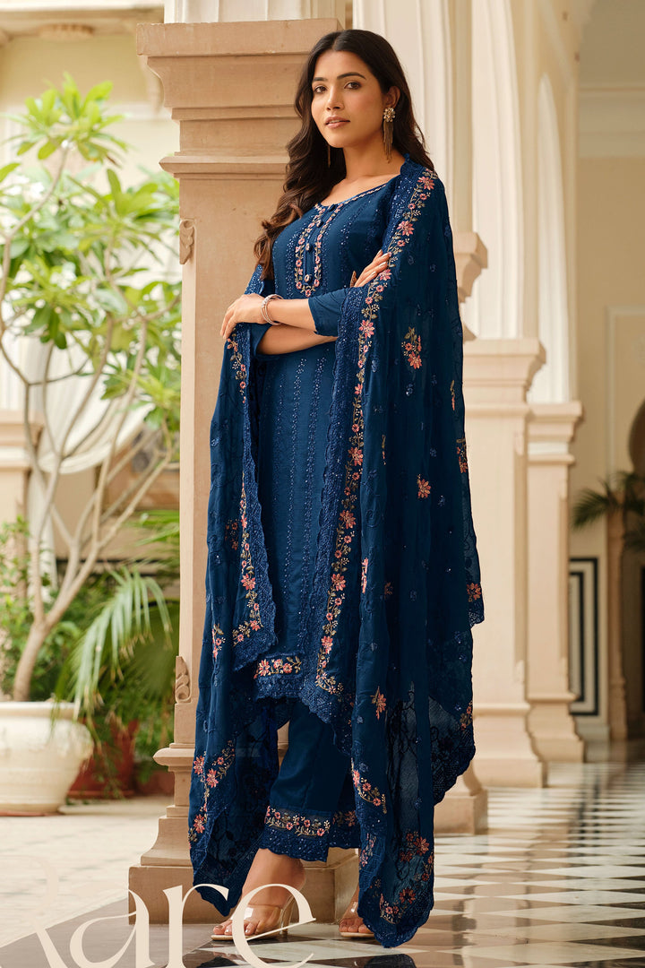 Chinon Fabric Captivating Blue Color Salwar Suit In Function Wear