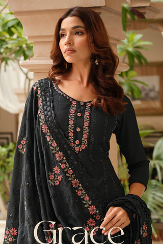 Black Color Chinon Fabric Glamorous Embroidered Salwar Suit