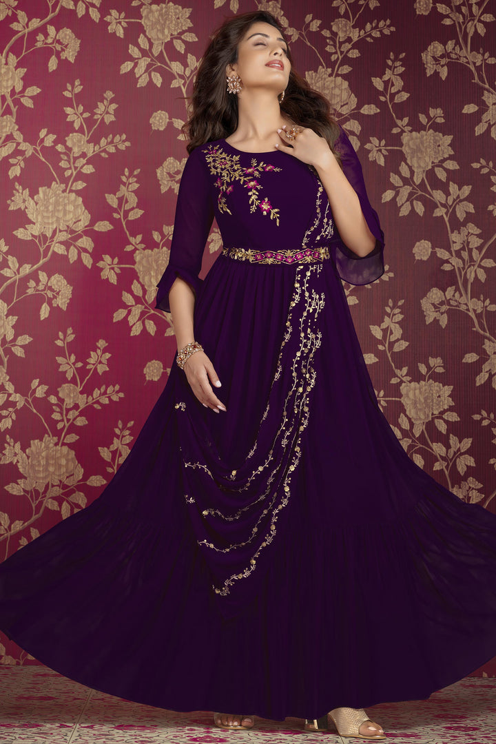 Albescent Purple Color Embroidered Readymade Party Style Gown