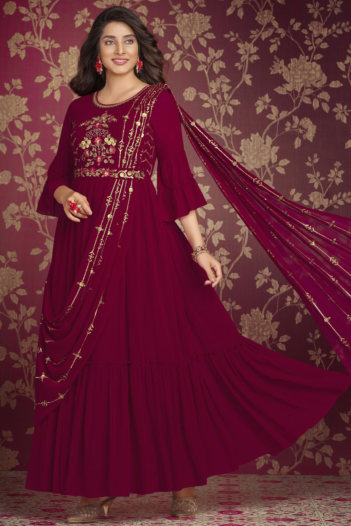 Soft Embroidered Maroon Color Readymade Party Style Gown