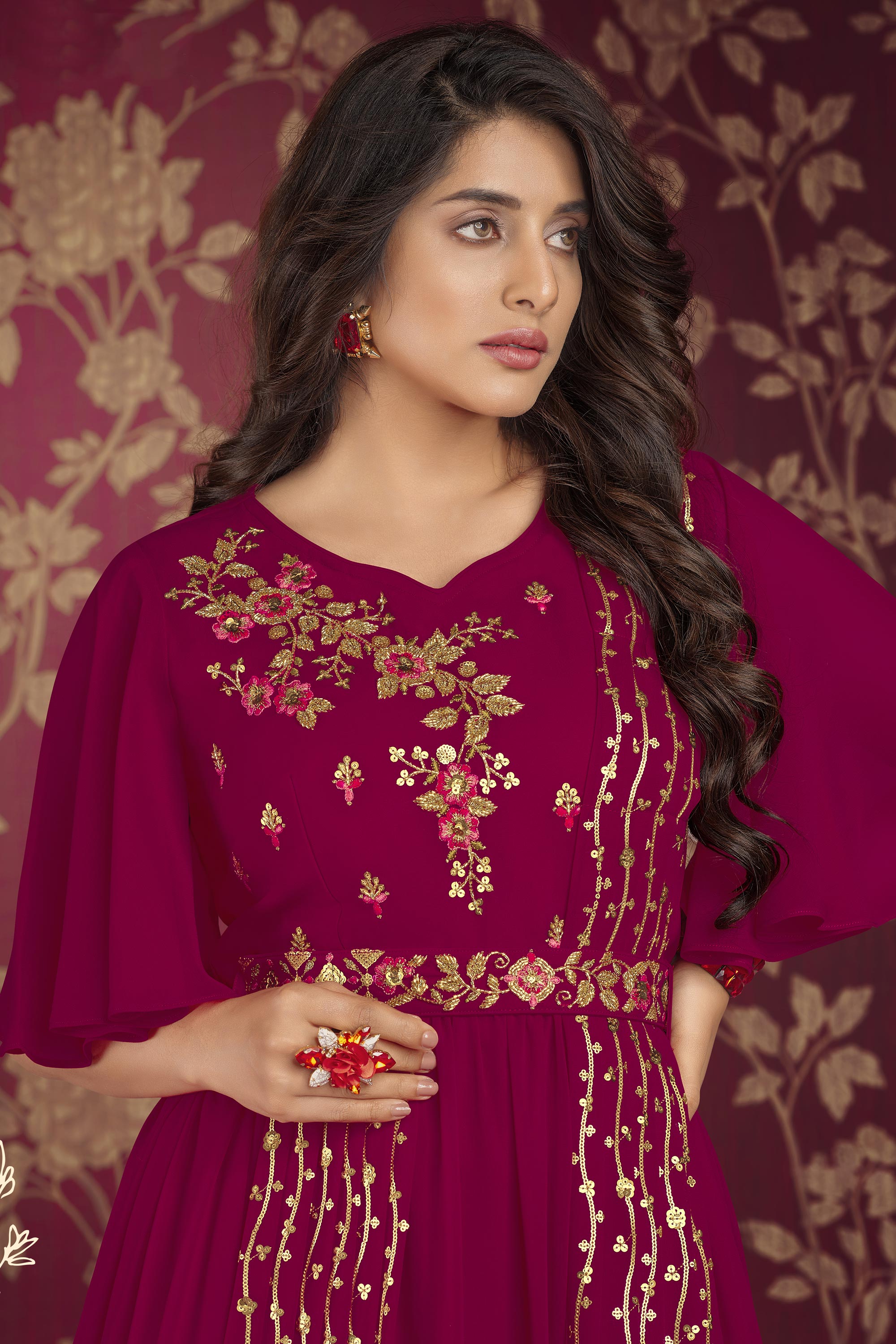 Georgette Fabric Embroidered Readymade Gown In Magenta Color