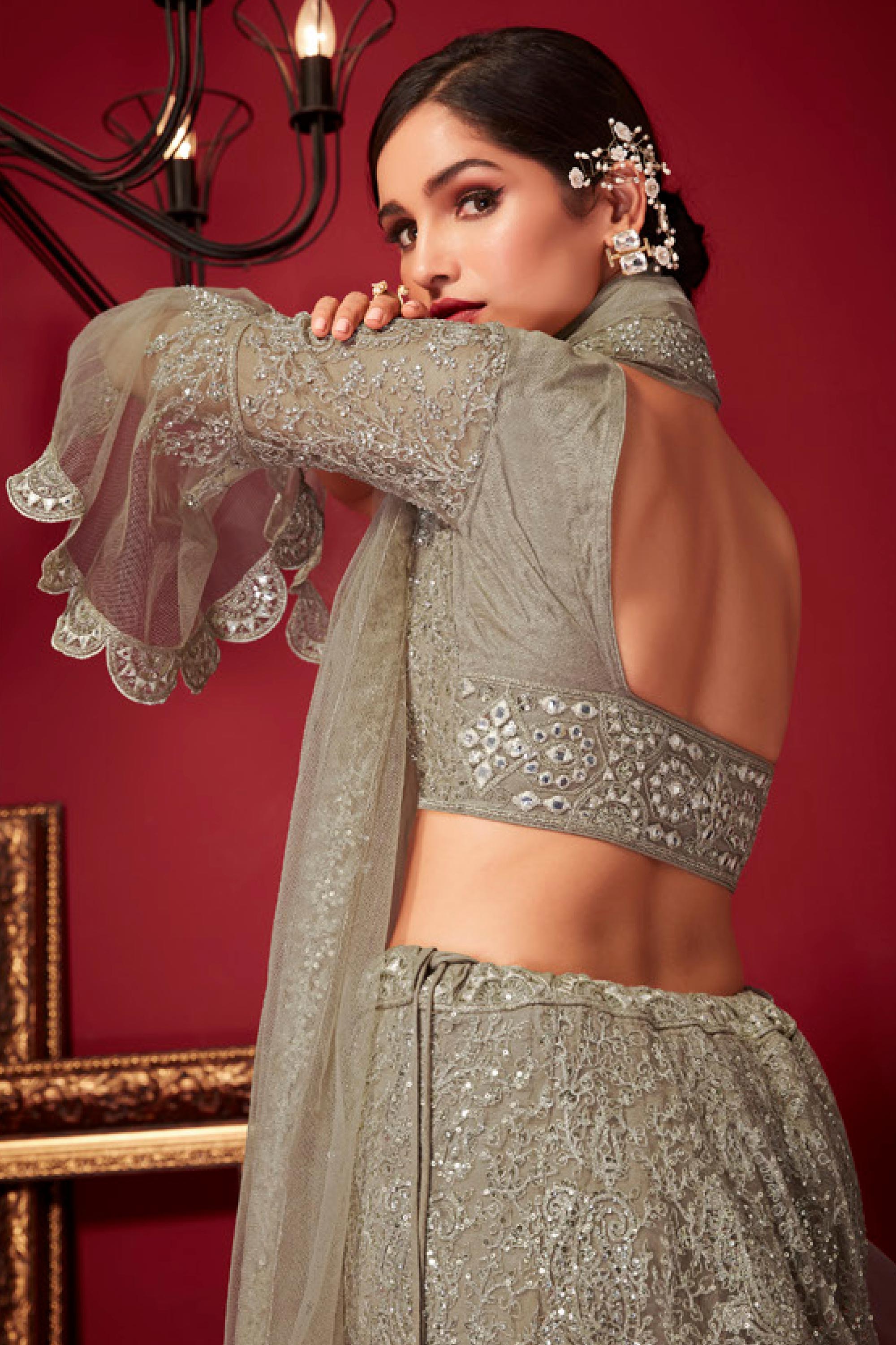 Net Fabric Grey Lehenga Choli With Embroidery Work