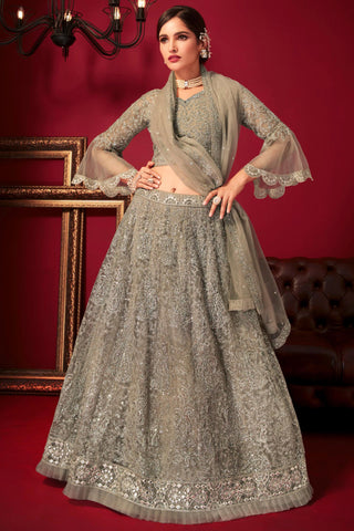 Net Fabric Grey Lehenga Choli With Embroidery Work