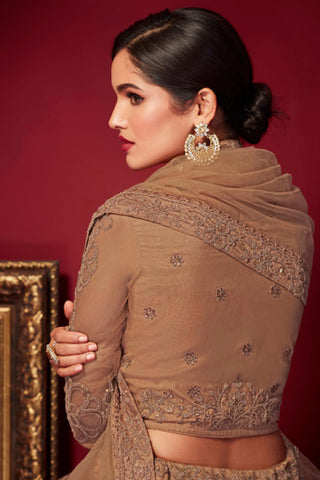 Embroidery Work Net Fabric Designer Lehenga Choli In Brown Color