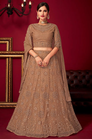 Embroidery Work Net Fabric Designer Lehenga Choli In Brown Color