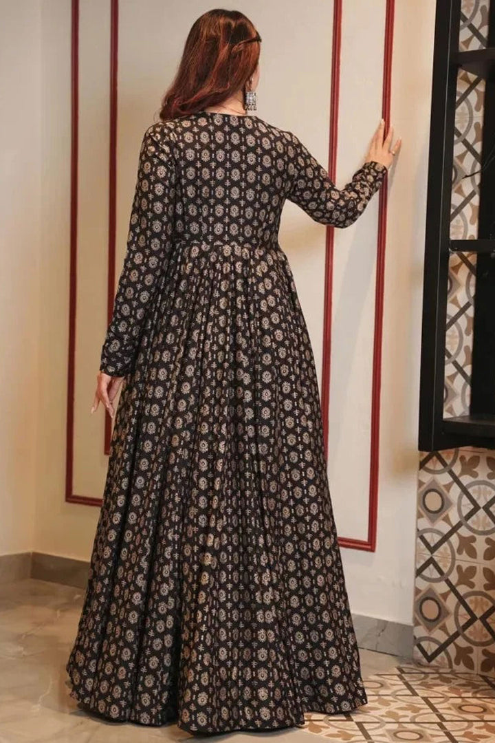 Charming Black Color Muslin Fabric Festive Look Readymade Printed Gown