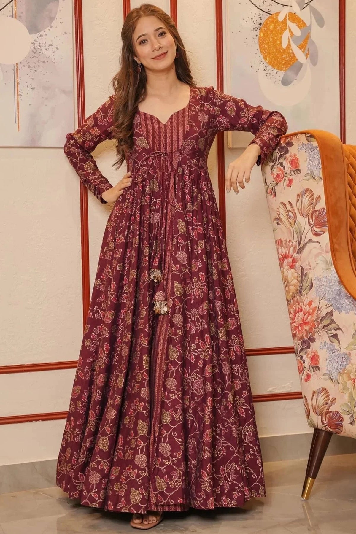 Attractive Muslin Fabric Maroon Color Festive Look Readymade Printed Gown