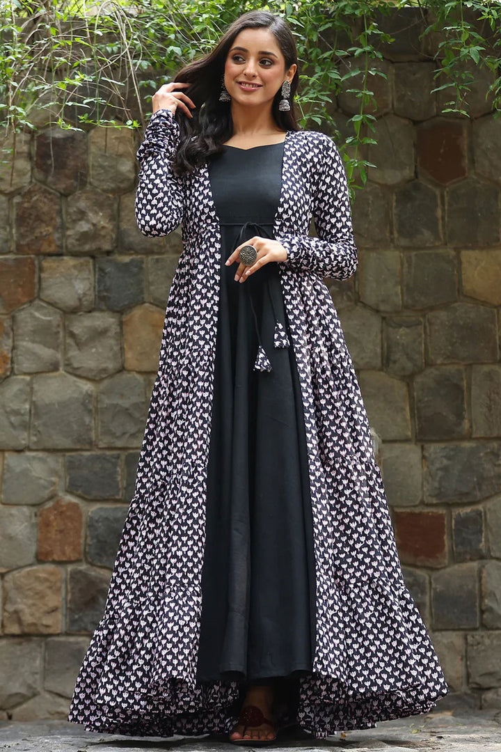 Beautiful Black Color Georgette Fabric Festive Look Readymade Printed Gown
