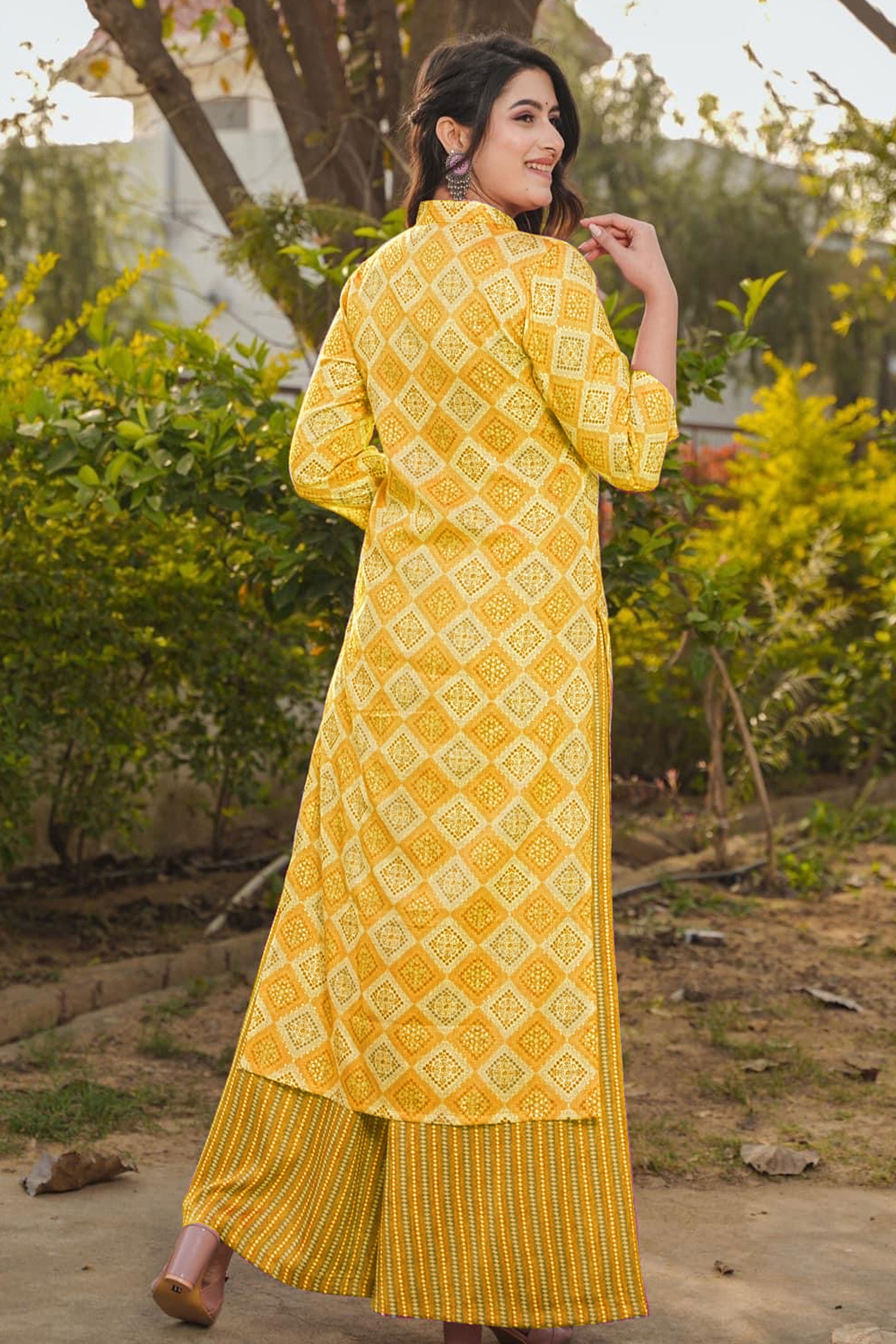 Attractive Rayon Fabric Yellow Color Kurti Bottom Set With Digital Printed Work