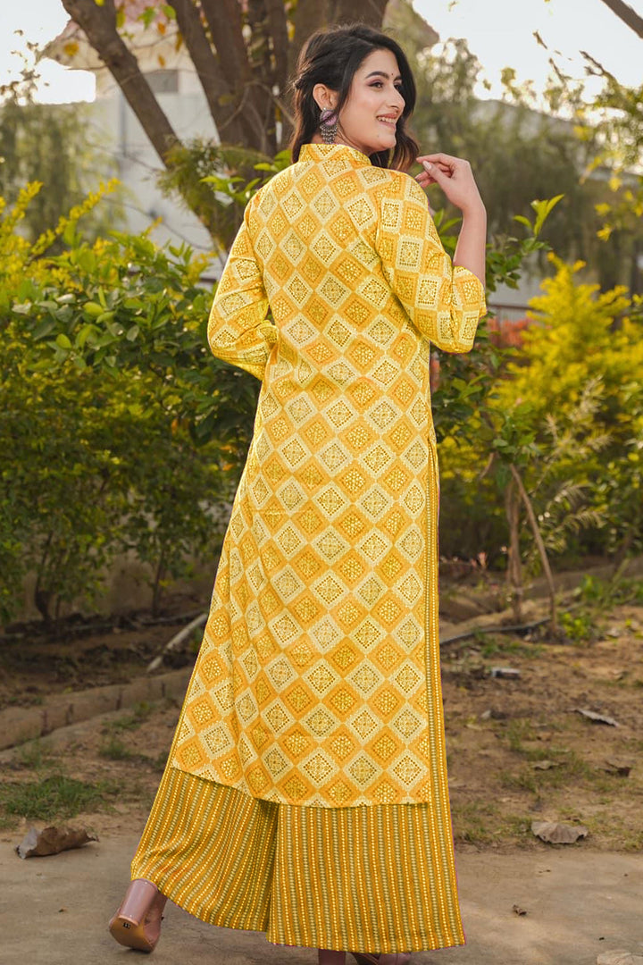 Attractive Rayon Fabric Yellow Color Kurti Bottom Set With Digital Printed Work