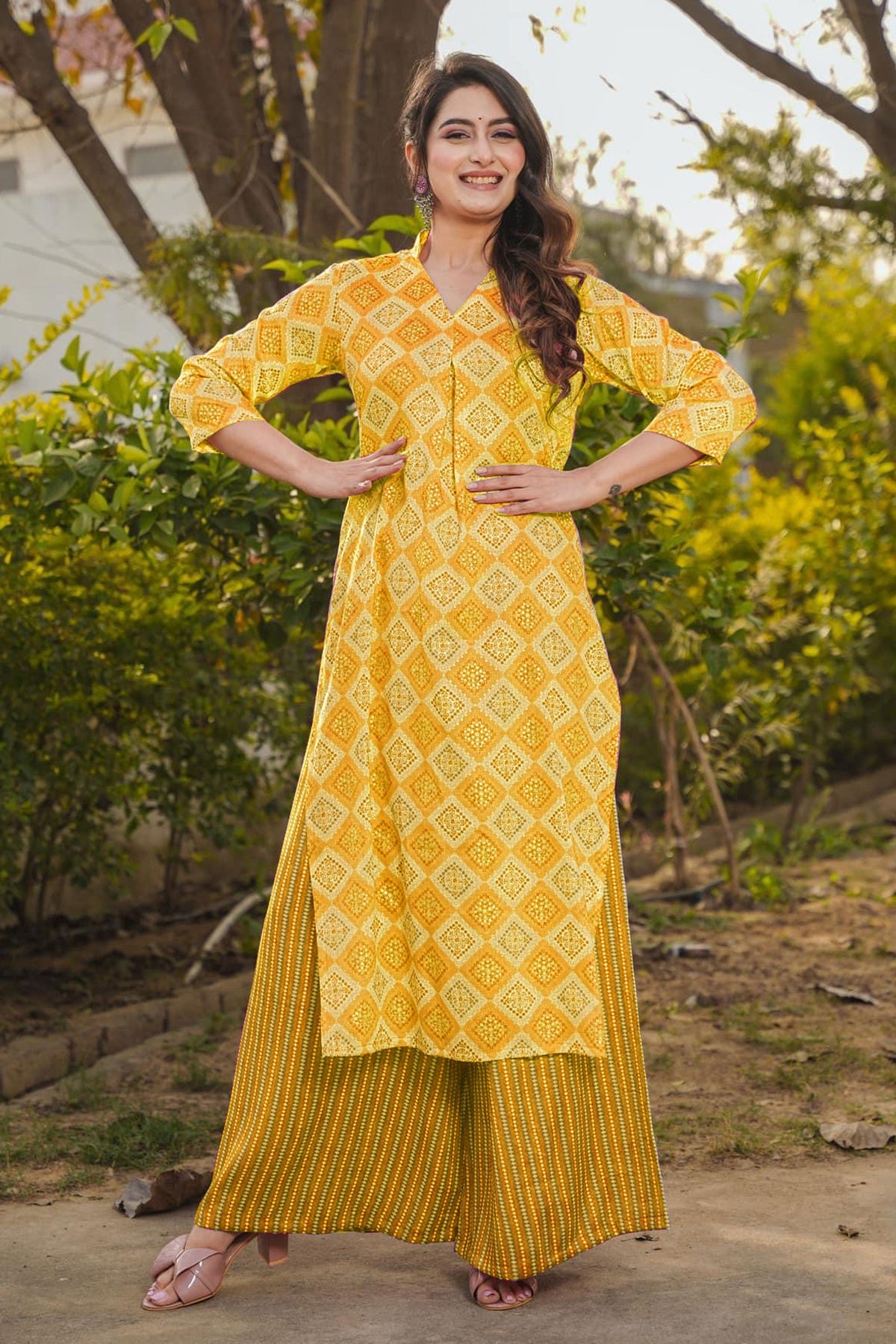 Attractive Rayon Fabric Yellow Color Kurti Bottom Set With Digital Printed Work