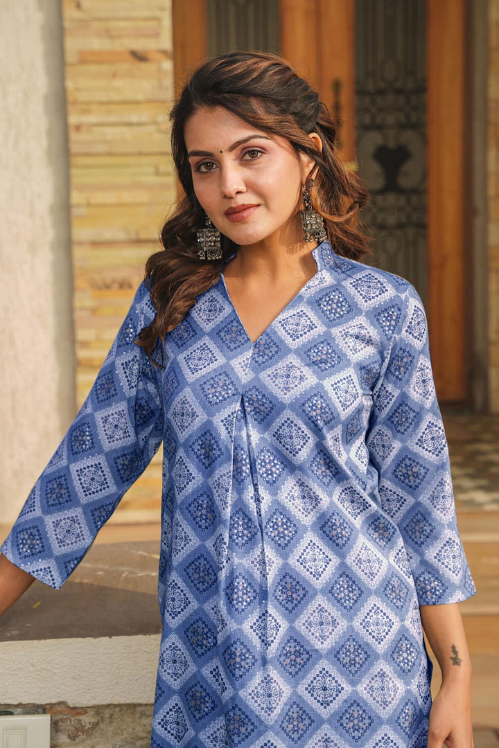Digital Printed Work On Blue Color Rayon Fabric Riveting Kurti With Bottom