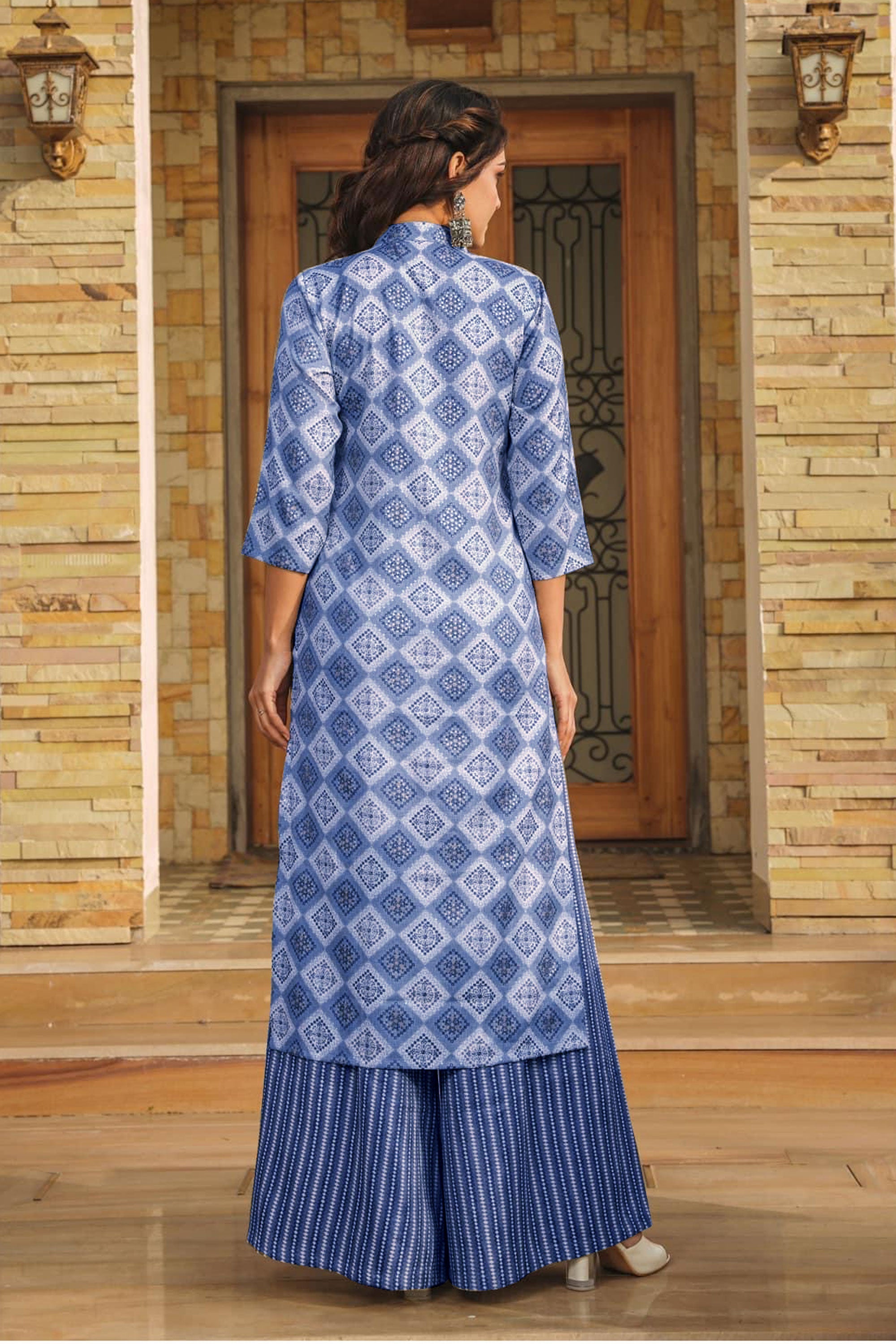 Digital Printed Work On Blue Color Rayon Fabric Riveting Kurti With Bottom