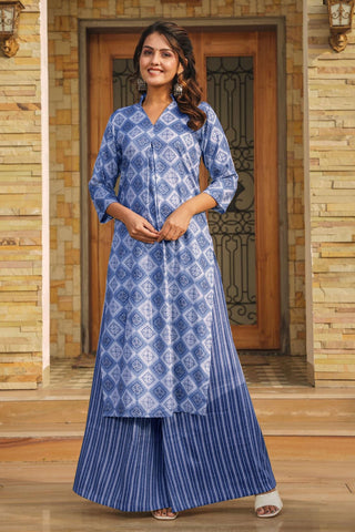 Digital Printed Work On Blue Color Rayon Fabric Riveting Kurti With Bottom