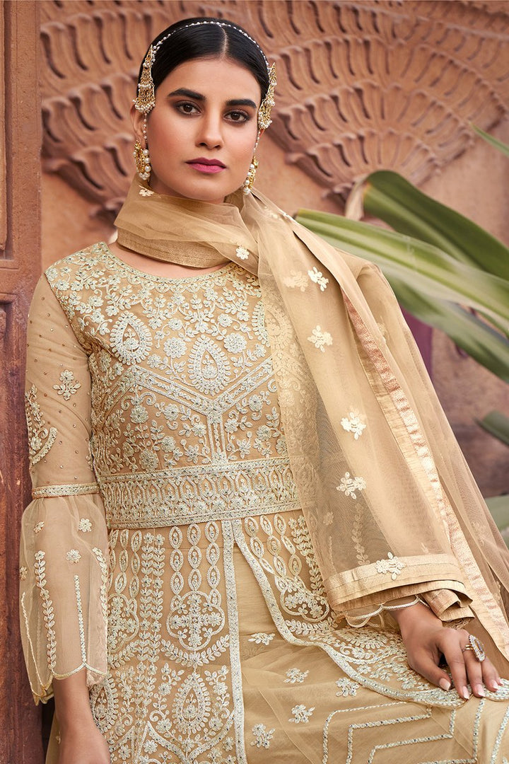 Beige Color Festive Wear Embroidered Net Sharara Suit