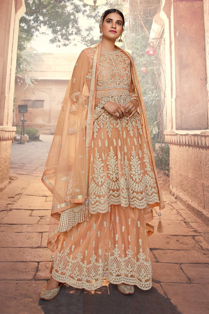 Peach Color Net Festive Wear Embroidered Sharara Suit