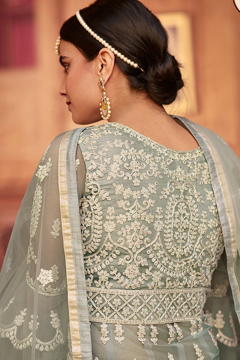 Festive Wear Net Dark Beige Color Embroidered Sharara Suit