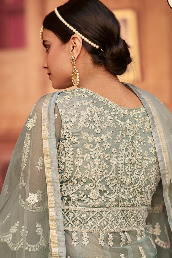 Festive Wear Net Dark Beige Color Embroidered Sharara Suit