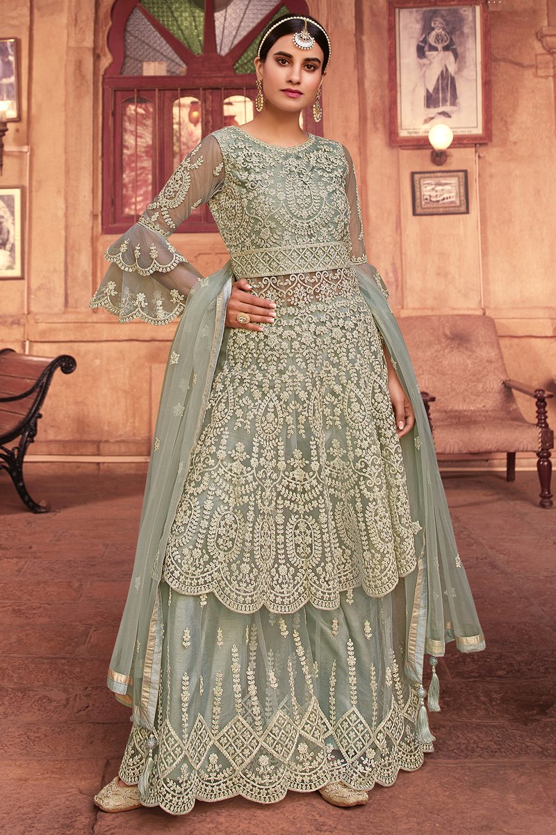 Festive Wear Net Dark Beige Color Embroidered Sharara Suit