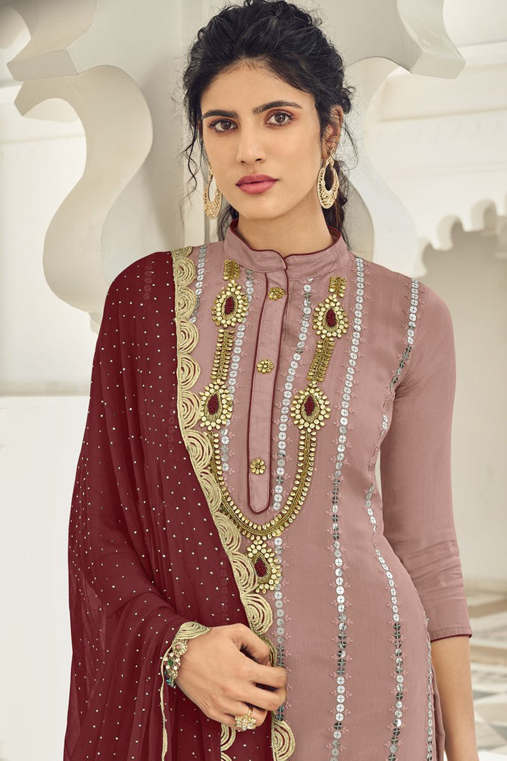 Georgette Function Wear Embroidered Palazzo Suit In Pink Color