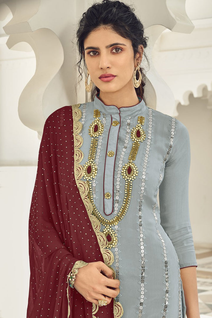 Light Cyan Color Function Wear Embroidered Georgette Palazzo Suit