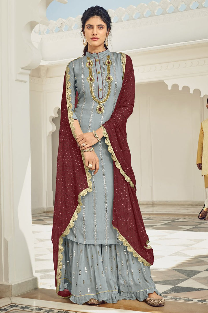Light Cyan Color Function Wear Embroidered Georgette Palazzo Suit