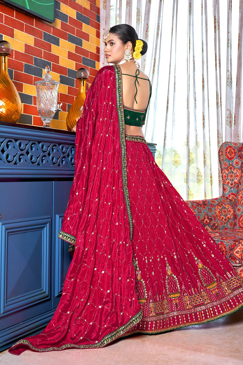 Excellent Chinon Fabric Rani Color Wedding Wear Lehenga Choli