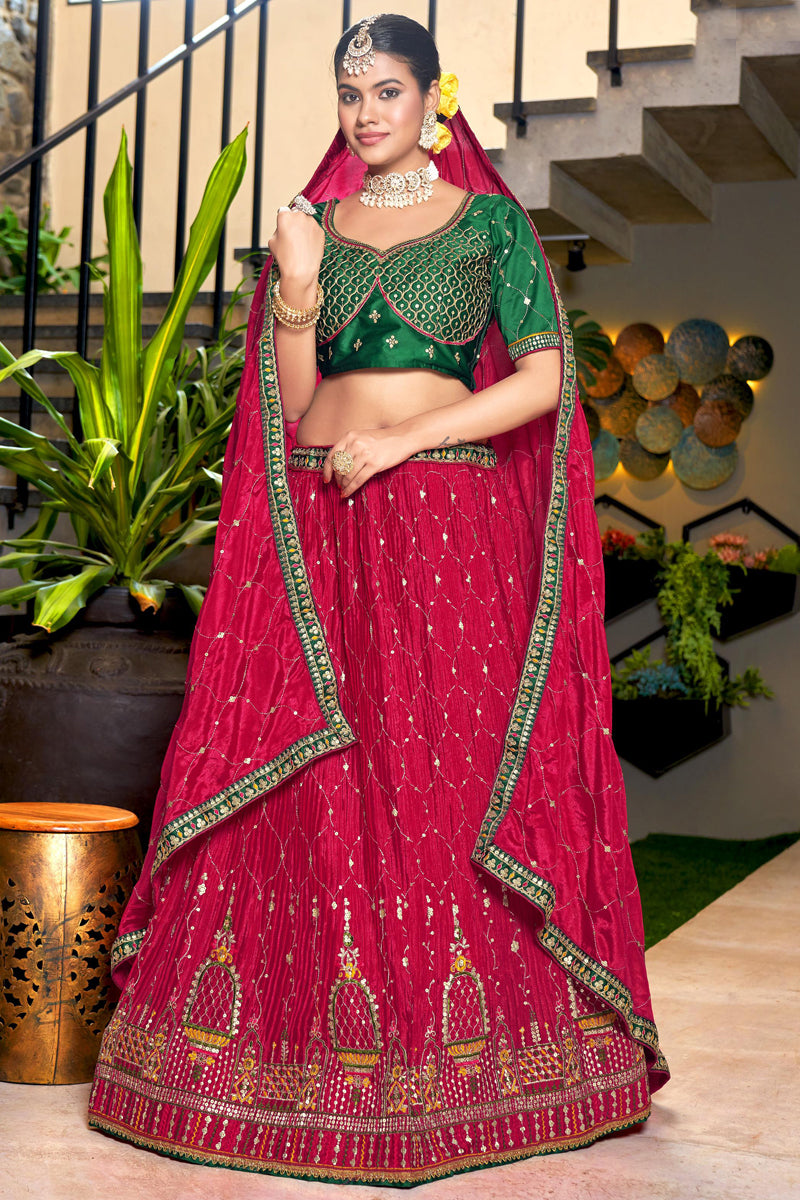 Excellent Chinon Fabric Rani Color Wedding Wear Lehenga Choli