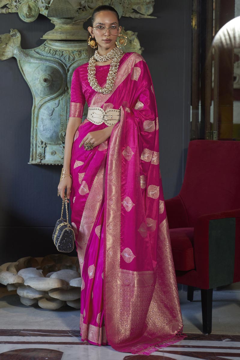 Rani Color Silk Fabric Weaving Work Festive Wear Fancy Saree
