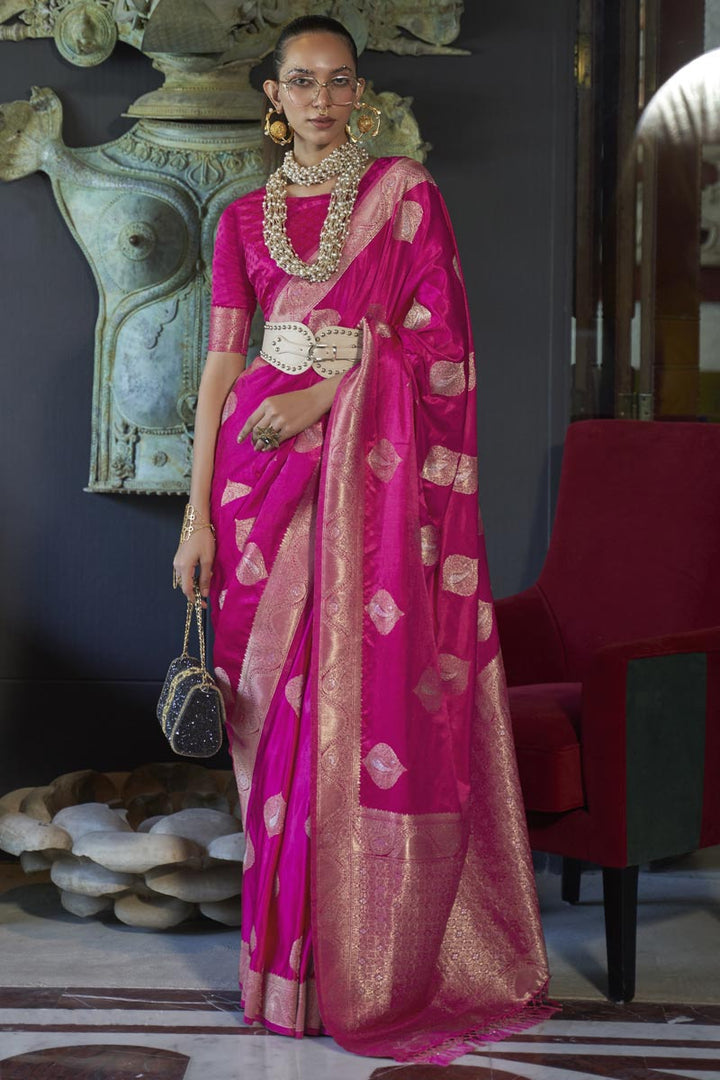 Rani Color Silk Fabric Weaving Work Festive Wear Fancy Saree