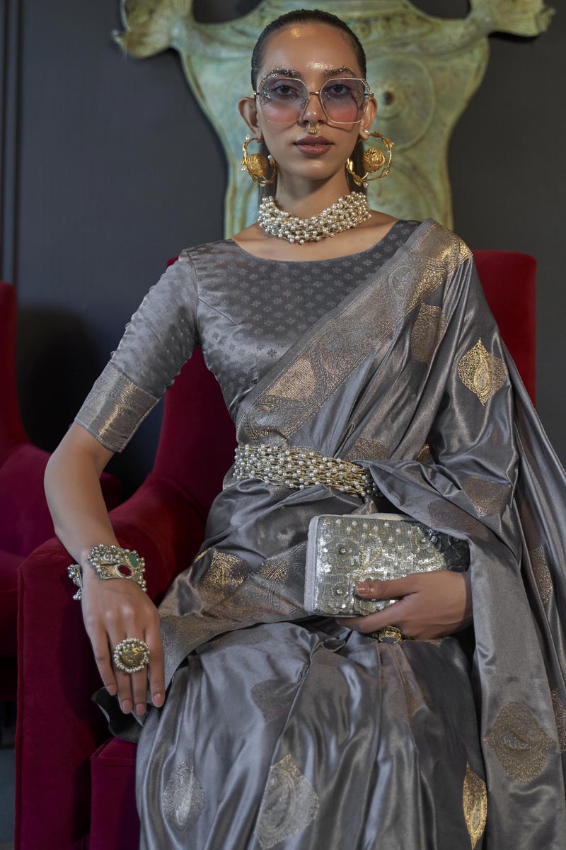 Grey Color Silk Fabric Fancy Weaving Work Sangeet Wear Saree