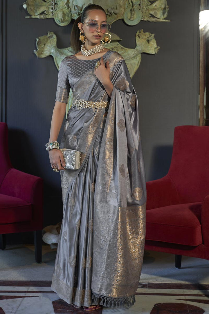 Grey Color Silk Fabric Fancy Weaving Work Sangeet Wear Saree
