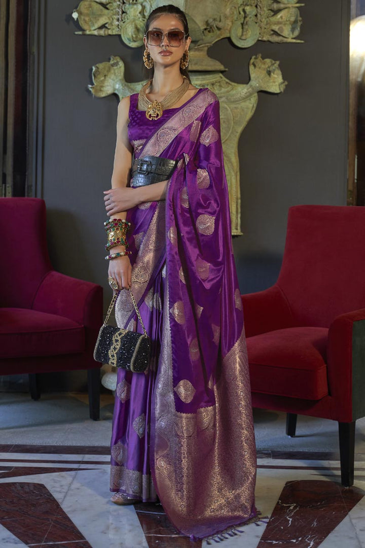 Silk Fabric Weaving Work Purple Color Wedding Wear Designer Saree