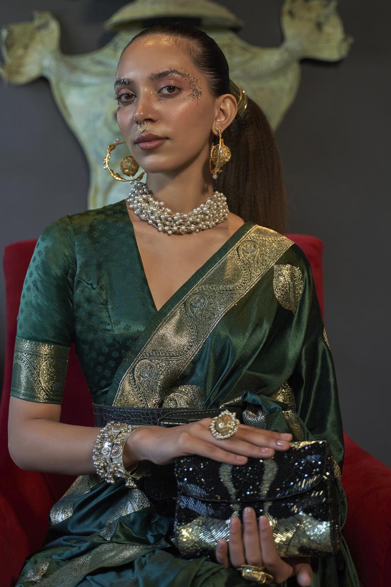 Weaving Work Green Color Silk Fabric Reception Wear Saree