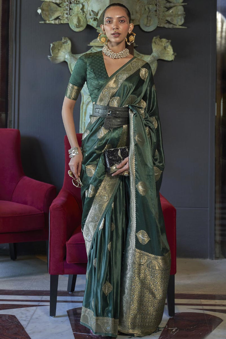 Weaving Work Green Color Silk Fabric Reception Wear Saree