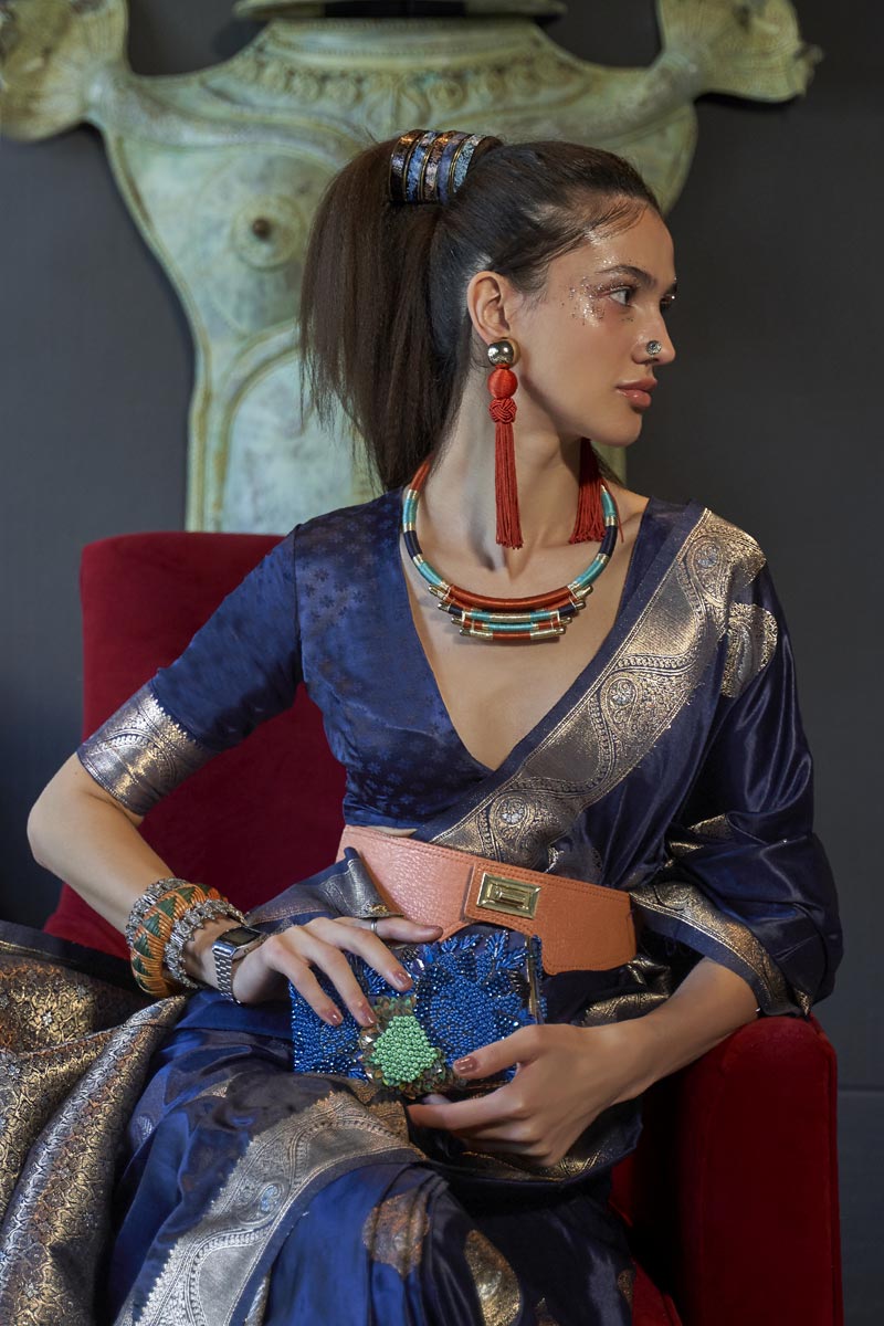 Navy Blue Color Silk Fabric Sangeet Wear Weaving Work Saree