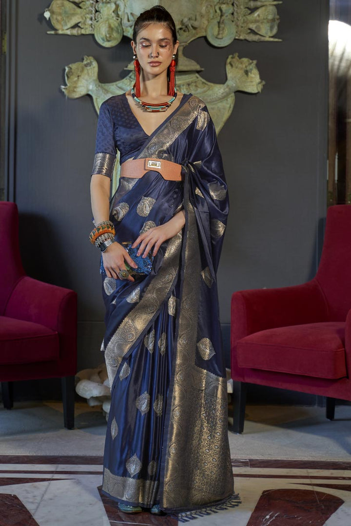 Navy Blue Color Silk Fabric Sangeet Wear Weaving Work Saree