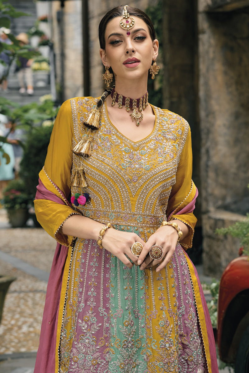 Mustard Color Embroidered Readymade Palazzo Salwar Suit In Chinon Fabric