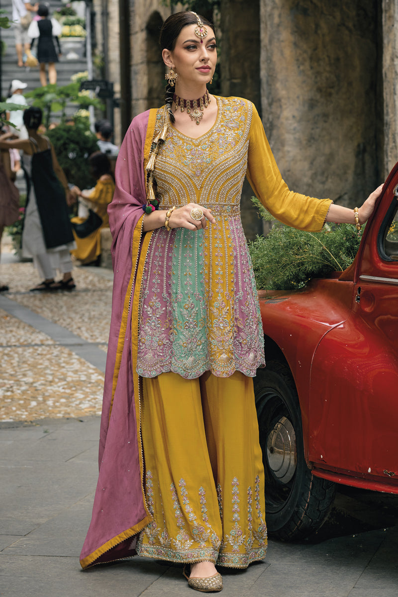 Mustard Color Embroidered Readymade Palazzo Salwar Suit In Chinon Fabric