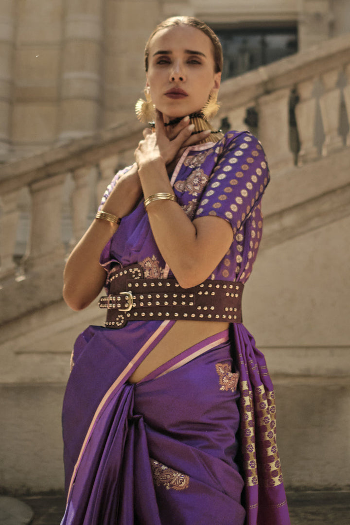 Purple Color Pure Satin Silk Fabric Handloom Zari Weaving Work Festive Wear Fancy Saree