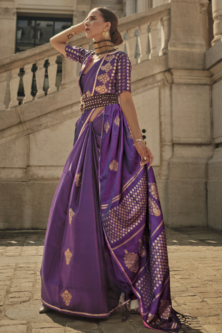Purple Color Pure Satin Silk Fabric Handloom Zari Weaving Work Festive Wear Fancy Saree