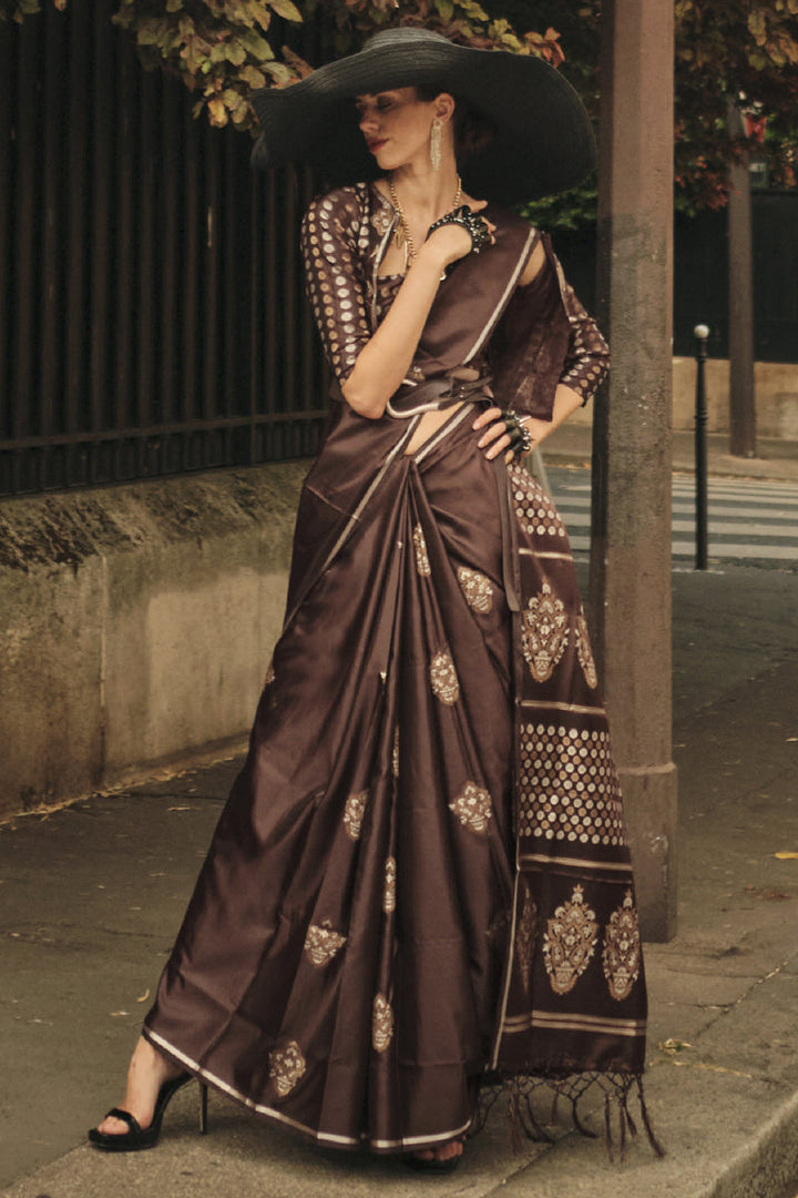 Pure Satin Silk Fabric Handloom Zari Weaving Work Brown Color Sangeet Wear Trendy Saree