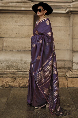 Purple Color Pure Satin Silk Fabric Fancy Handloom Zari Weaving Work Sangeet Wear Saree