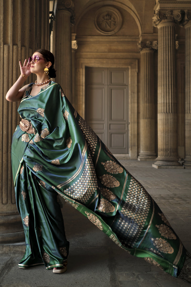 Handloom Zari Weaving Work Dark Green Color Pure Satin Silk Fabric Reception Wear Saree