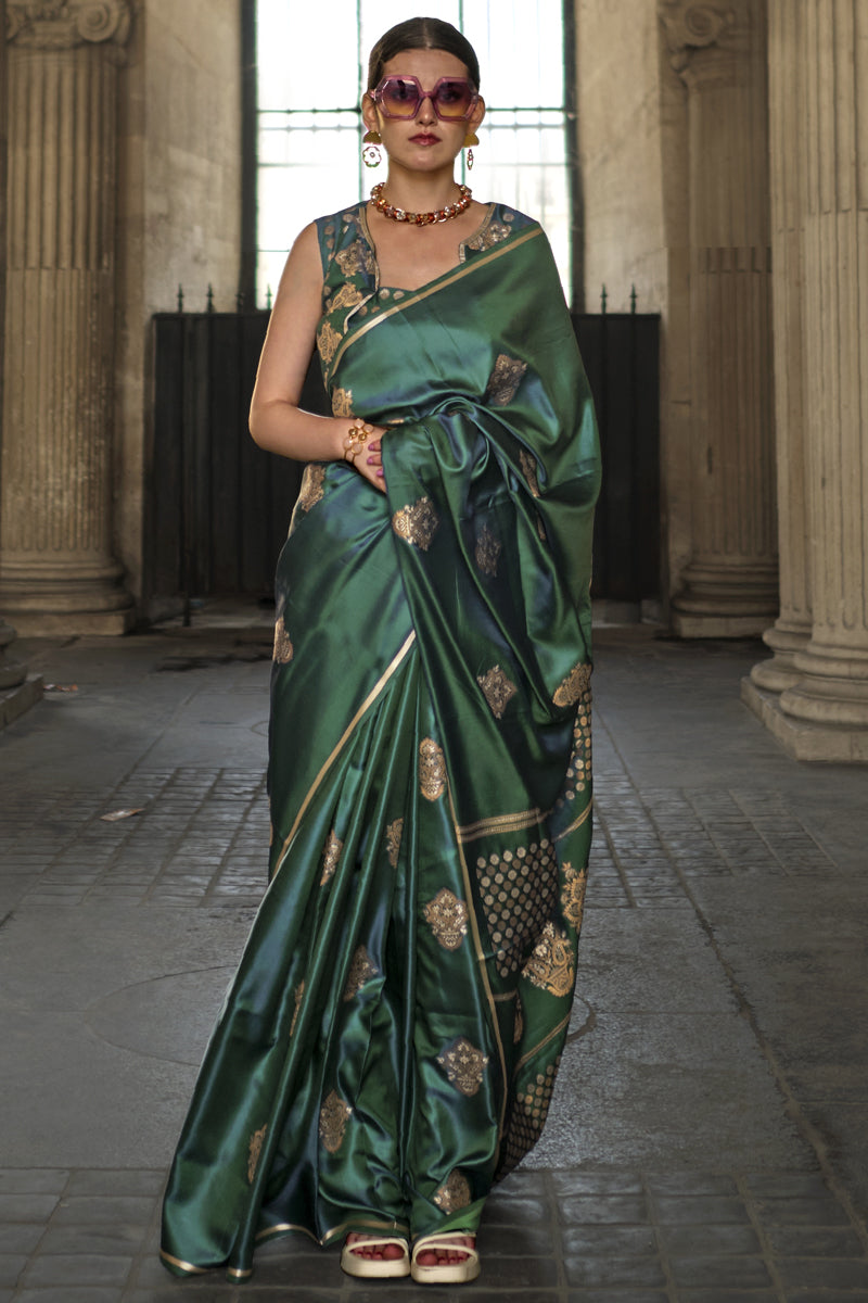 Handloom Zari Weaving Work Dark Green Color Pure Satin Silk Fabric Reception Wear Saree