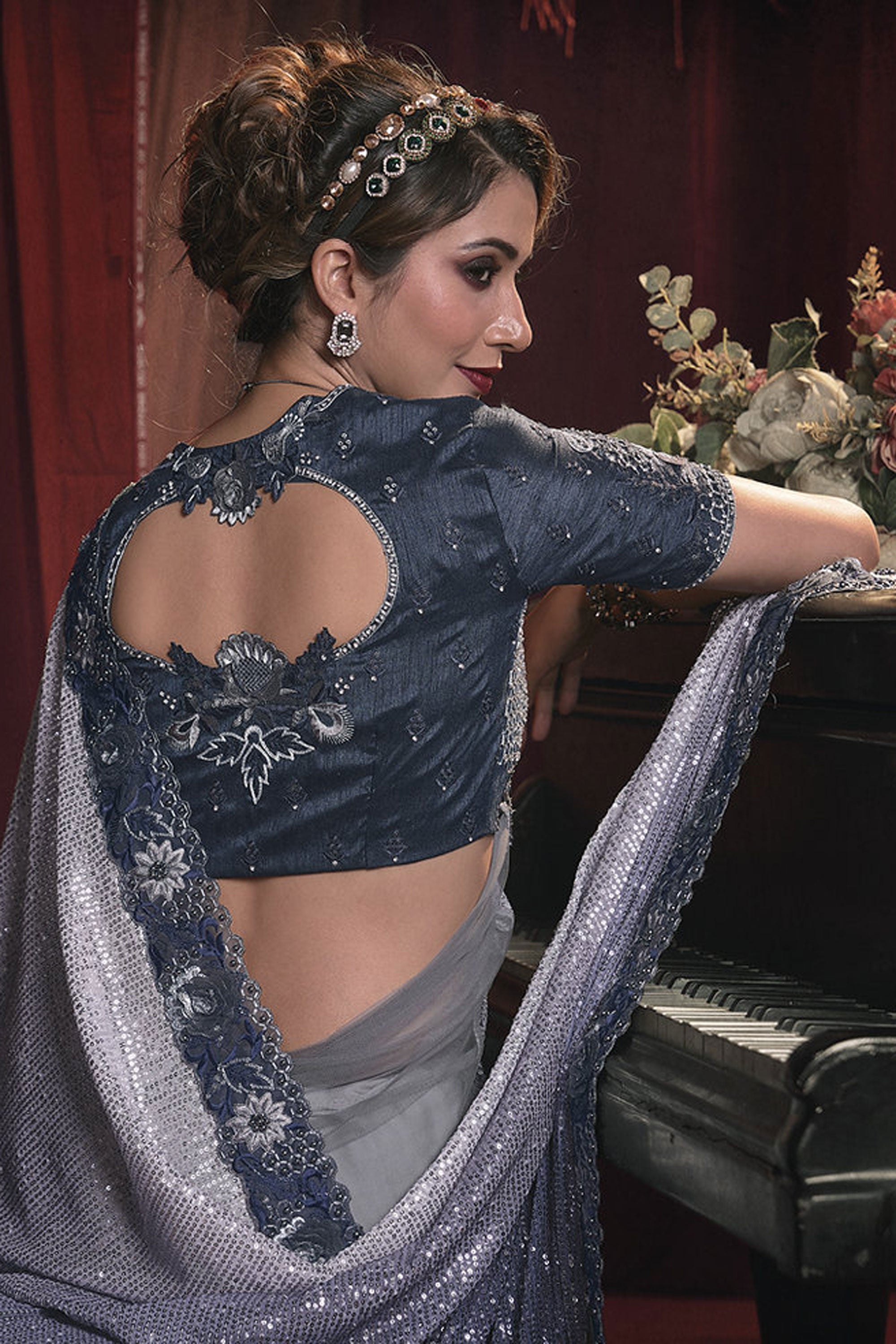 Heavy Embroidery Work Net Grey Color Appealing Saree With Party Look Blouse