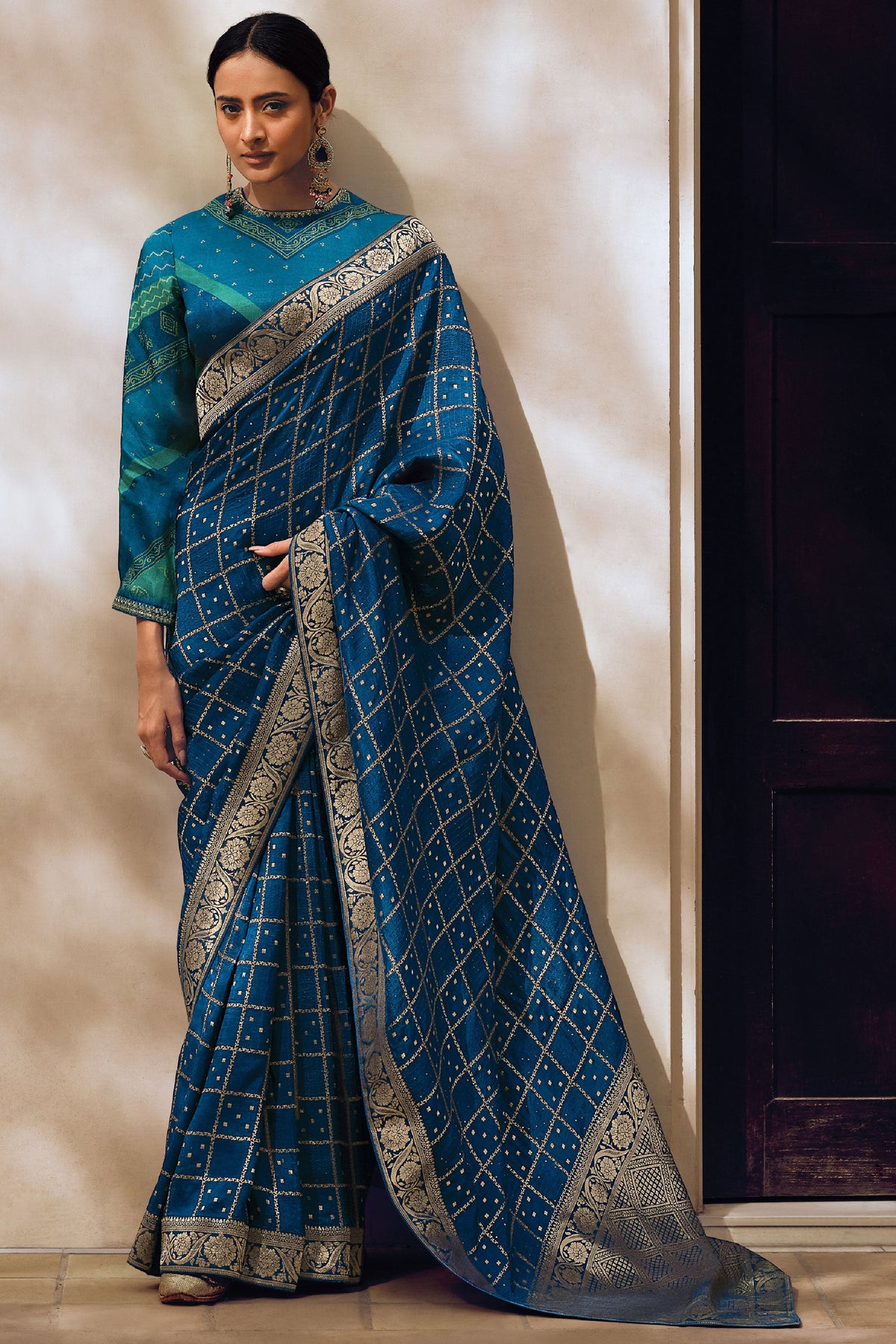 Weaving Designs On Teal Color Party Style Art Silk Saree