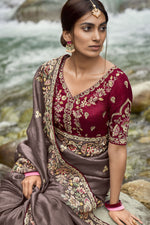 Load image into Gallery viewer, Engaging Brown Color Fancy Silk Fabric Saree With Embroidered Work
