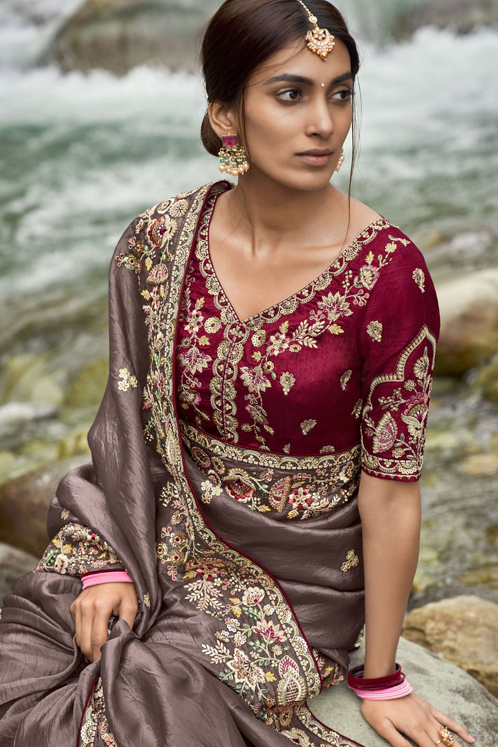Engaging Brown Color Fancy Silk Fabric Saree With Embroidered Work
